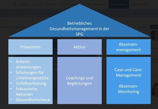 Grafische Darstellung der drei Säulen des Beruflichen Gesundheitsmanagements mit Prävention, Aktion und Absenzenmanagement.